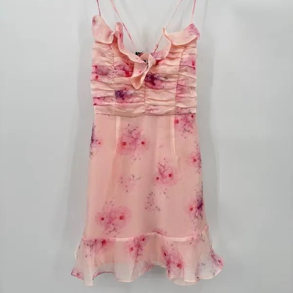 Lulu’s Pink Floral Fairy Ruffle Mini Party Dress Ruched Bodice Medium NEW - Image 8