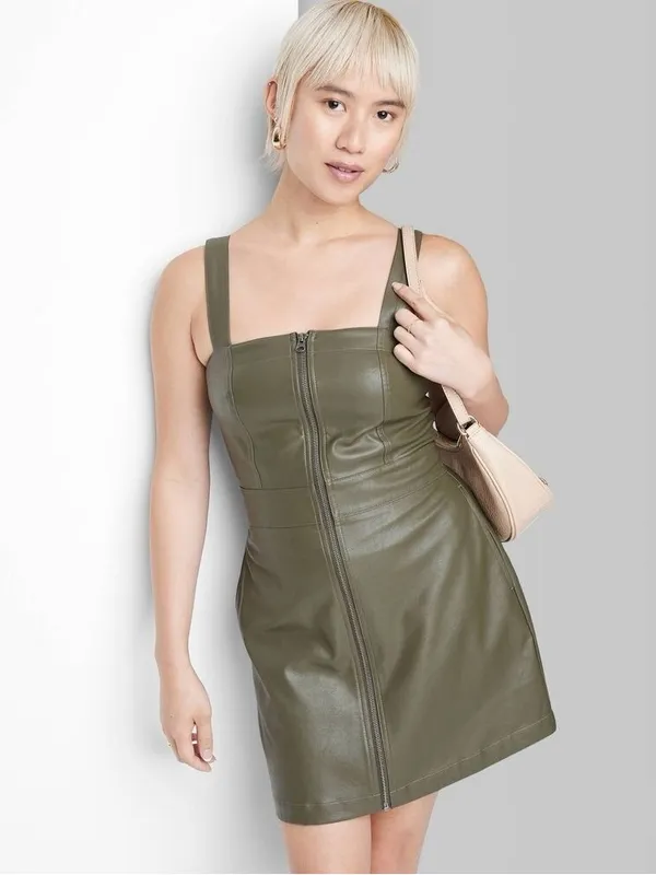 NWT Wild Fable faux leather zip-front mini pinafore dress in olive green - Image 3