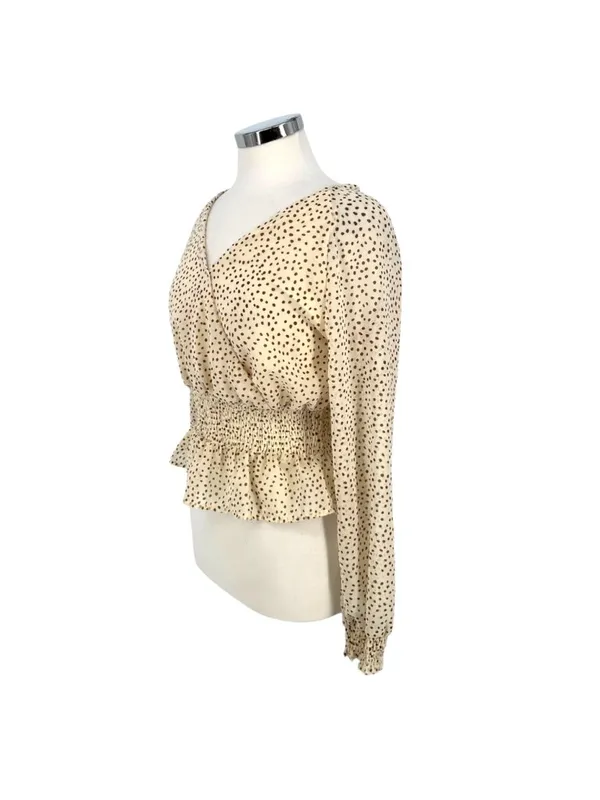 Japna Boho Romantic Peplum Retro Surplice Dot Blouse Cream Beige Size Medium - Image 5