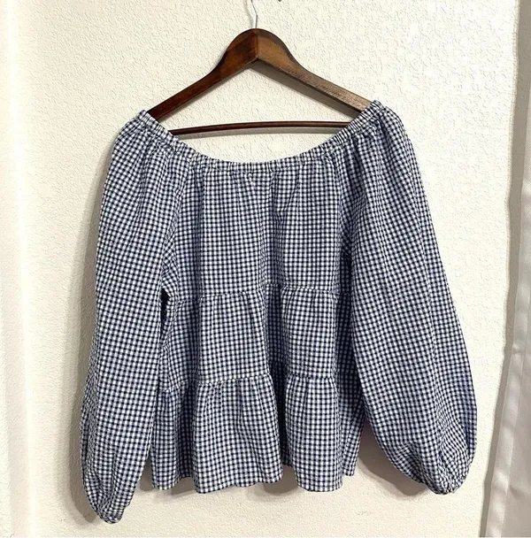 Old Navy Womens Shirt Blouse Blue White Gingham Plaid Seersucker Size Medium - Image 3