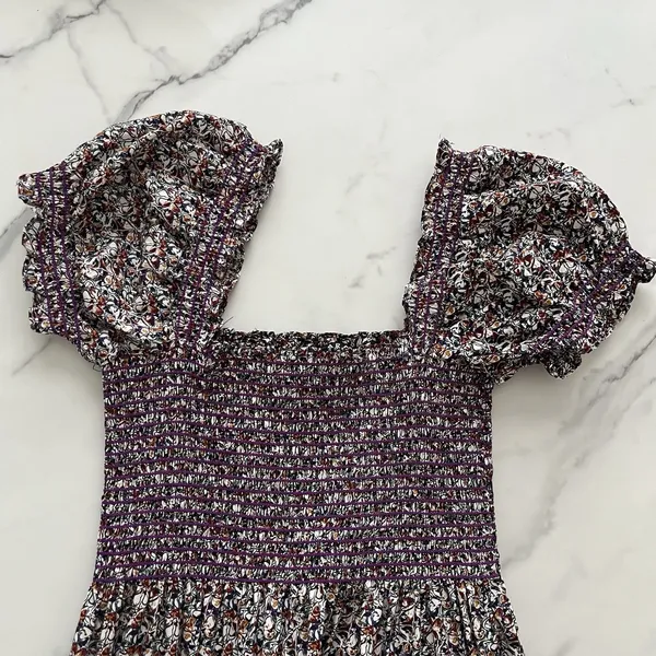 CAARA Smocked tiered Midi dress puff sleeves Ditsy floral Sz M Romantic chic - Image 6