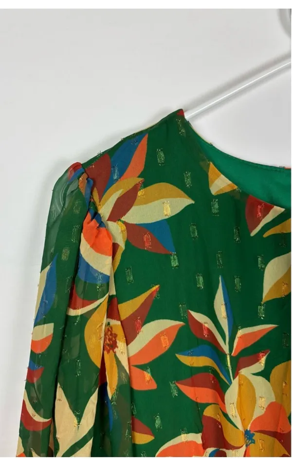 Flying Tomato Green Tropical Floral Boho Chiffon Long Sleeve Mini Dress Small - Image 3