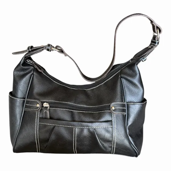 Black Faux Leather Hobo Shoulder Bag Contrast Stitch Y2K Slouchy Purse - Image 2