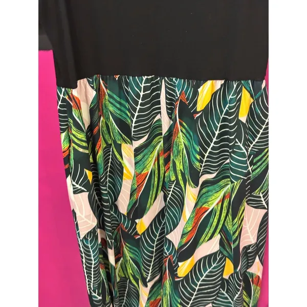 Kancystore Womens Tropical‎ Leaf Print Maxi Dress Black Green Short Sleeve 2XL - Image 2