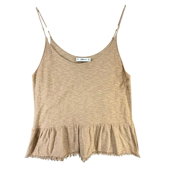 Zara Knit Peplum Camisole Top Women M Tan‎ Fringe Hem Spaghetti Strap Boho Chic - Image 2