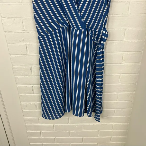 Monteau Blue White Striped Faux Wrap Mini Dress Size L - Image 4