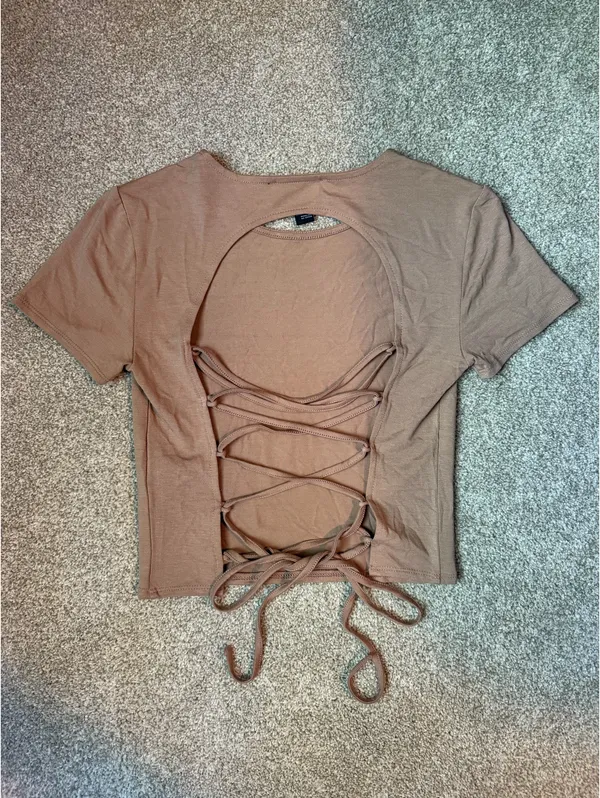 Forever 21 Brown/Tan Open Back Lace Up Crop Top - Image 2