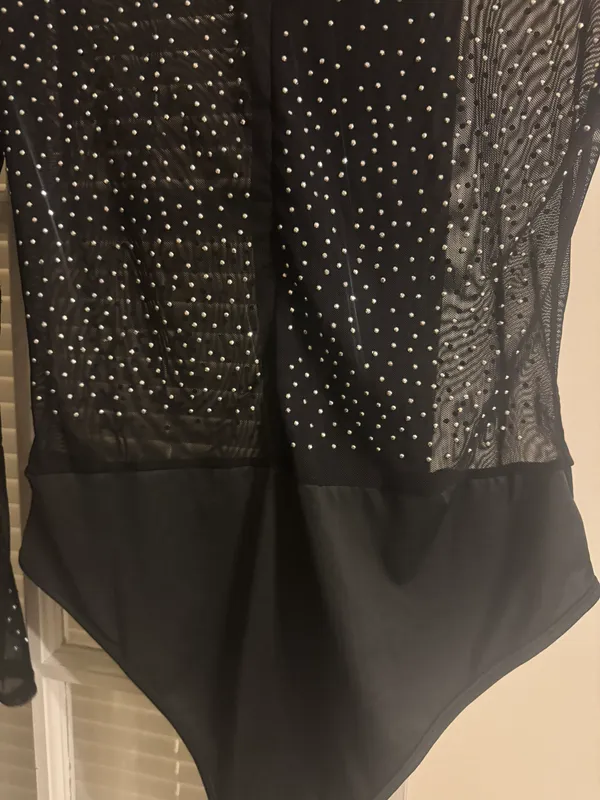 Sheer Bodysuit With Rhinestones Black Size M - Image 4