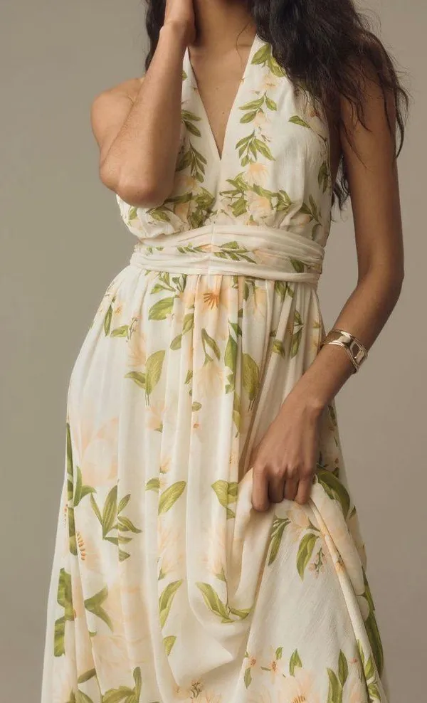 Farm Rio V-Neck Floral Chiffon Maxi Dress, Size S - Image 4