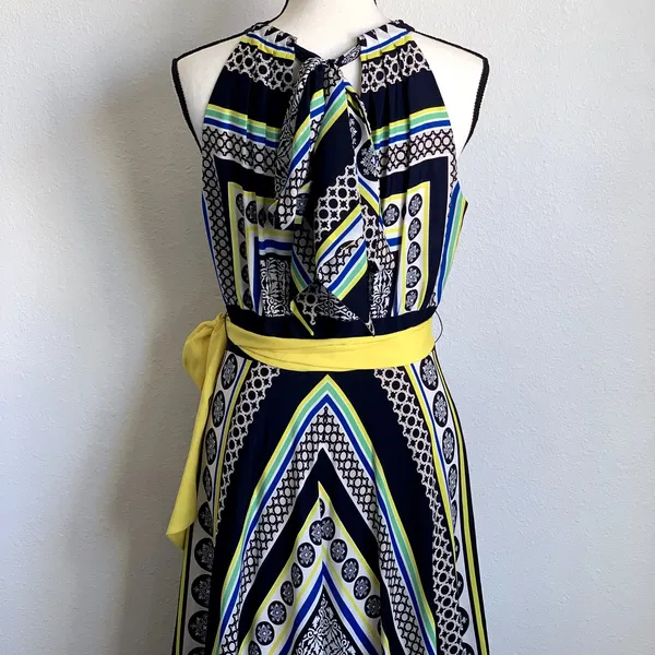 Eliza J Geometric Scarf Print Sleeveless Maxi Dress‎ in Blue/Yellow - Image 5