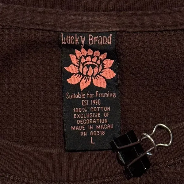 Vintage Lucky Brand Top Y2K Embroidered Boho Hippie Festival Thermal Brown Large - Image 3