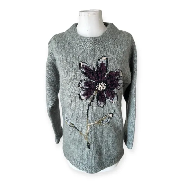 Garnet Hill Chunky Green Mohair Wool Hand Knit Sweater Floral Women's Small Cozy - Image 2