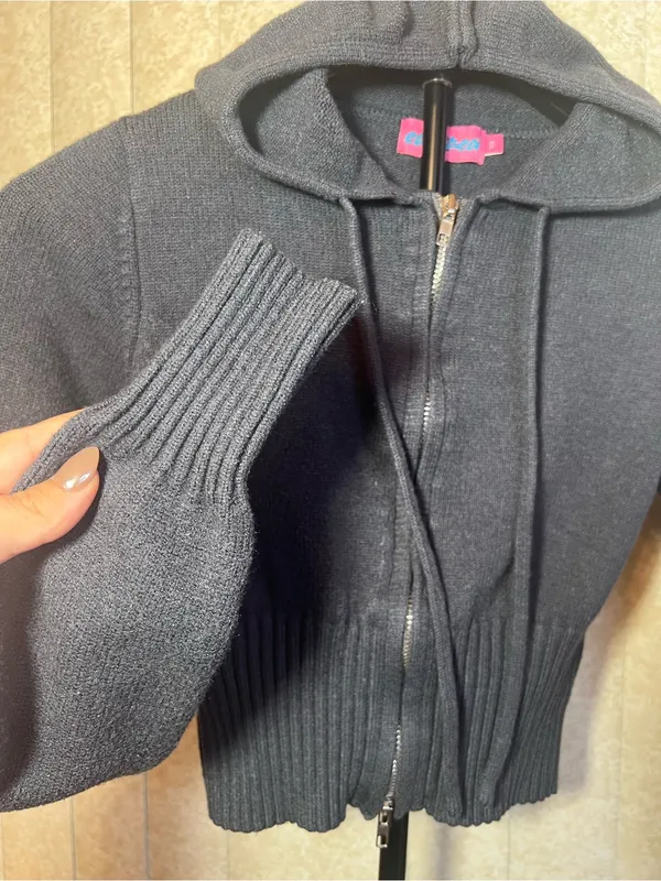 Edikted XS Dark Navy Cropped Double Zip Knit‎ Hoodie Sweater Y2K - Image 4