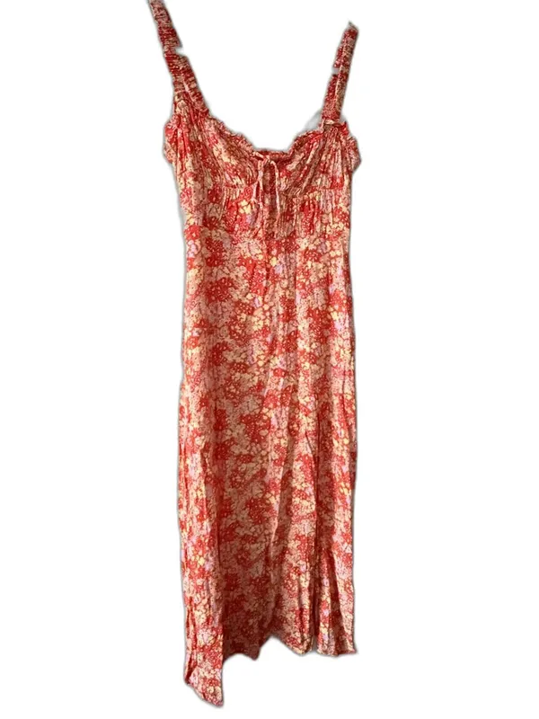 ASTR The Label Orange Floral Milkmaid Ruched Midi Dress Size M - Image 2