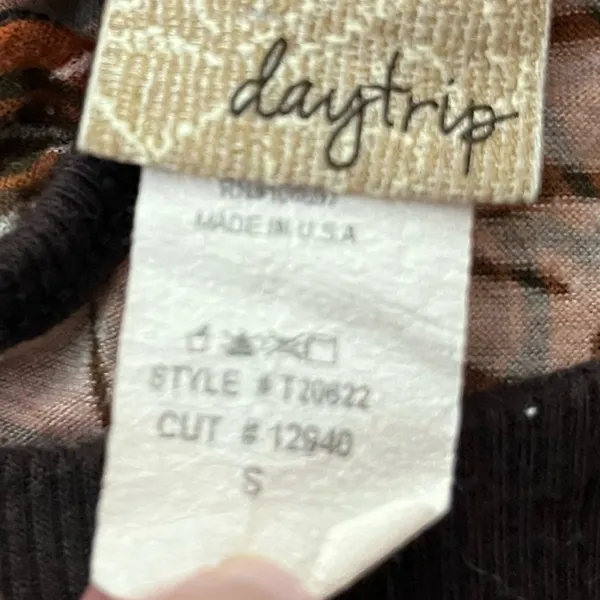 Y2K Daytrip Burnout Knit Babydoll Top Keyhole Back Abstract Print Brown S - Image 3