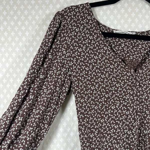 Abercrombie &‎ Fitch Brown White Floral Button Up Puff Sleeve Cropped Top - Image 5