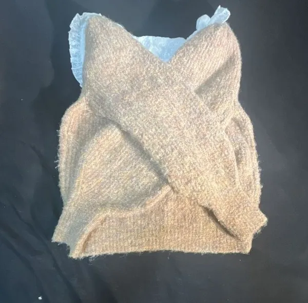Lush Taupe Knit Cardigan with White Eyelet Peter Pan Collar - Image 6