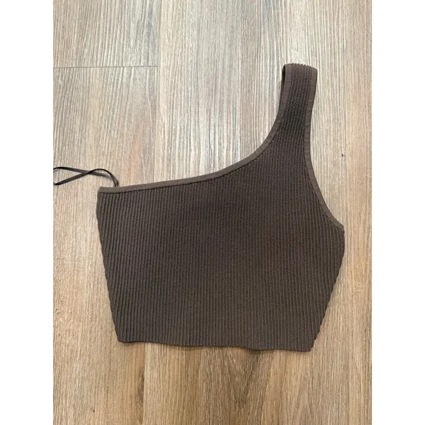 BABATON Sculpt Knit Rich Mocha Brown‎ One Shoulder Crop Top XS - Image 2