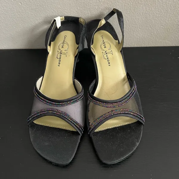 Chinese Laundry Women’s Black Beaded Mesh Fabric Kitten Slingback Party Heels 6 - Image 4