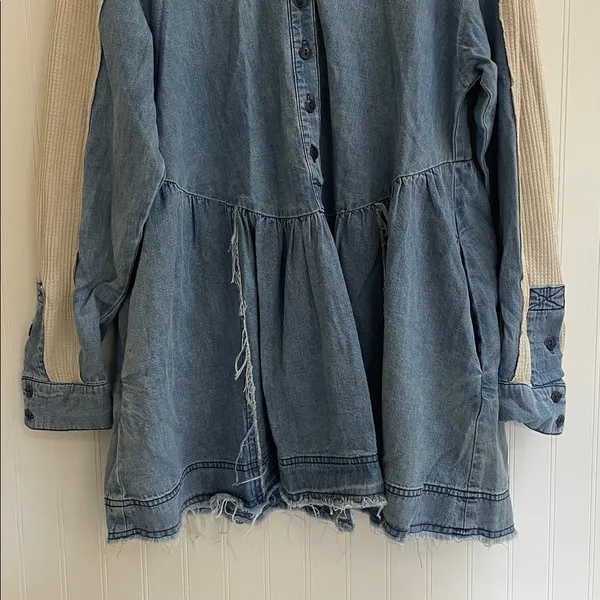 FREE PEOPLE Kenny Denim Mini Dress Tunic Waffle Raw Hem Boho Babydoll Size S - Image 8