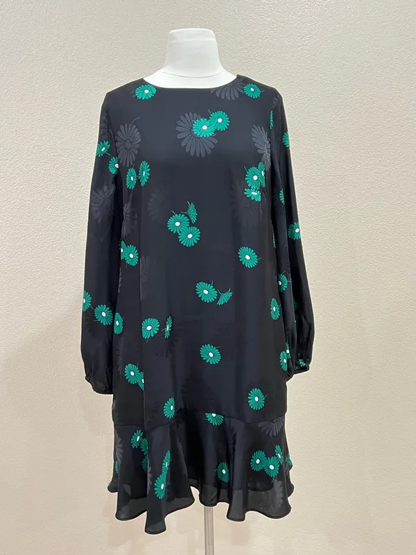 Ann Taylor Green Floral Jacquard Black Flounce Shift Dress with Pockets Size 8 - Image 5