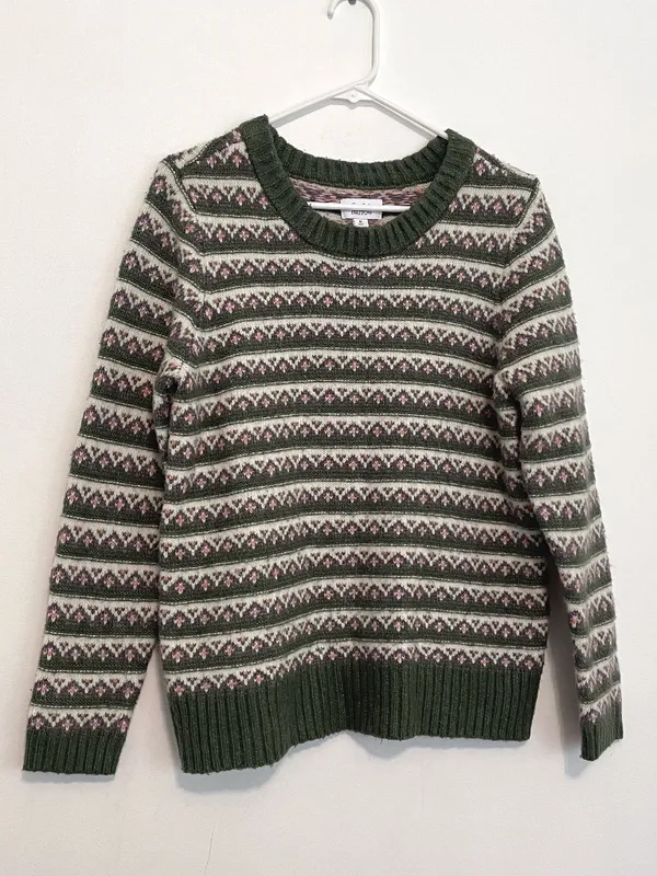 CROFT & BARROW Extra Cozy Sweater Olive Green White Fair Isle Geometric Hearts M - Image 2