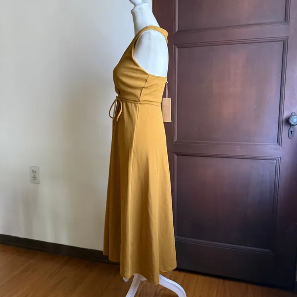 ZARA | Mustard Yellow Stretch Crepe Knit Halter Tie Waist Midi Dress Small BNWT - Image 2