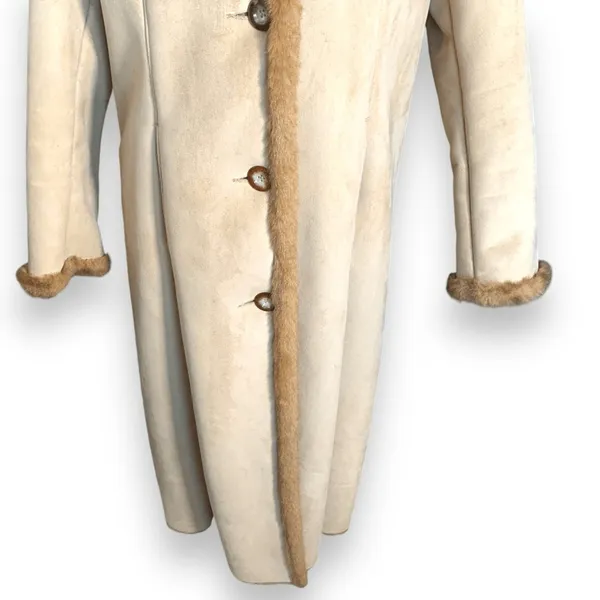 Vintage 90s Longline Cream Vegan Suede Leather Coat Faux Fur Collar Trim Large‎ - Image 6