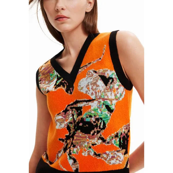 Desigual x Maitrepierre Orange Knit Mantis Gilet V-Neck Sweater Vest Multi Sz S - Image 2