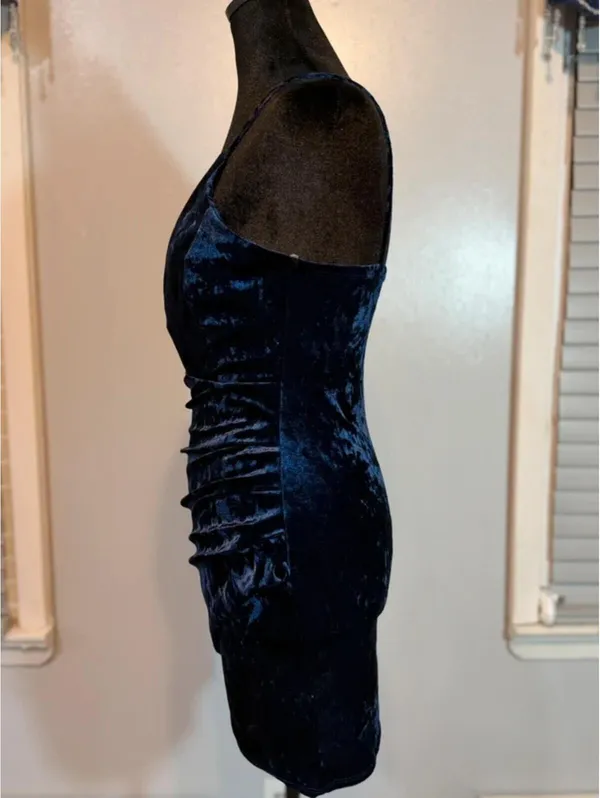 Windsor Navy Blue Velvet Bodycon Dress Ruched Wrap Mini Spaghetti Strap Deep V Cocktail - Image 2