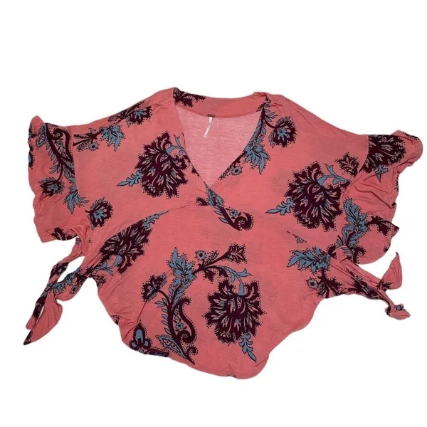 Free People Maui Wowie Pink Paisley Boho Top XS Oversized Flowing Side Ties - Image 8