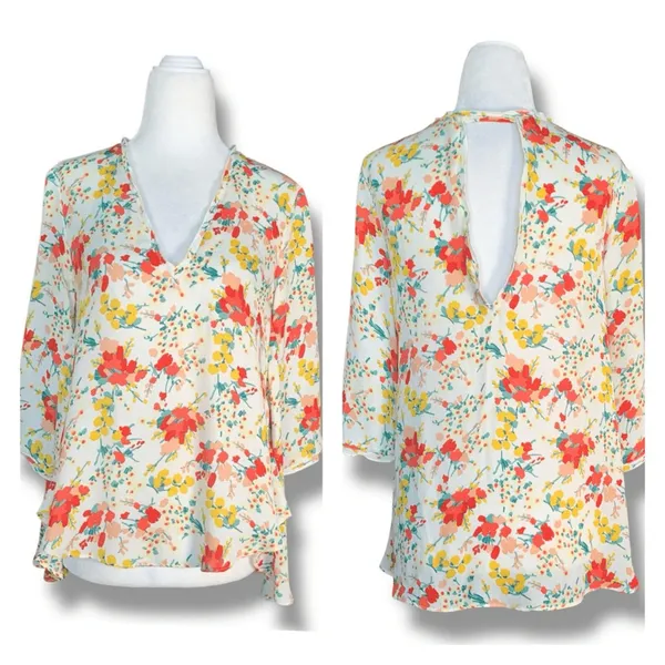 Zara‎ Basic Top Floral Chiffon Blouse Open Back Deep Vneck Flowy Boho Spring XS - Image 2