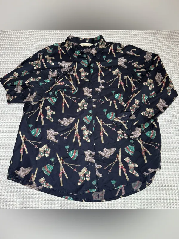 Eddie Bauer Button Down Shirt XLarge Skiing Hiking Winter Print Blue Vintage - Image 3