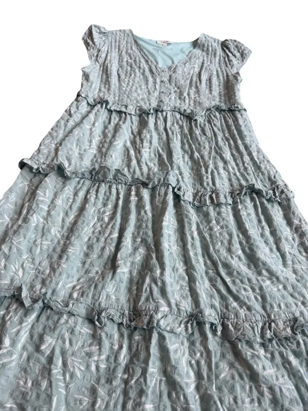 Bohme Mint Tiered Shift Dress Short Sleeve White Leaf Print Boho Size Large - Image 10