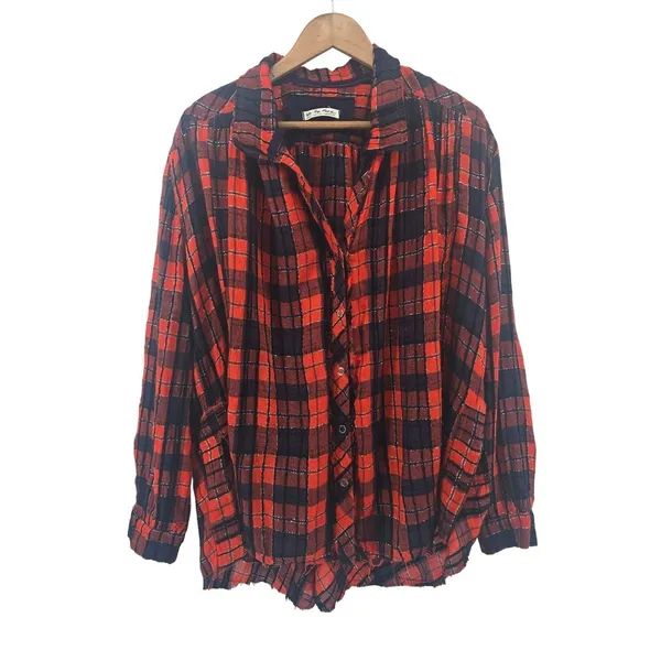 We The Free Button Down Women Small Red Plaid Lurex Oversized Distressed Shirt‎ - Image 2