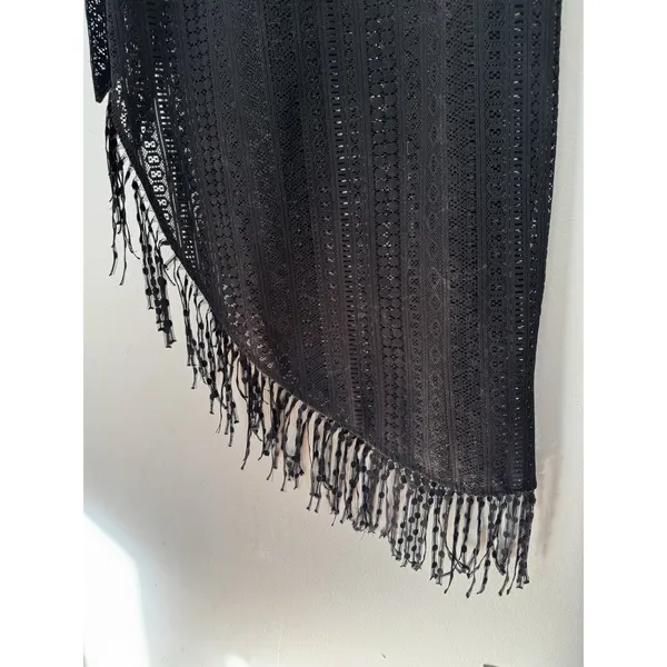 ASOS Black Crochet Fringe Tie Asymmetrical Beach Cover Up Women’s Size 6 Sarong - Image 4