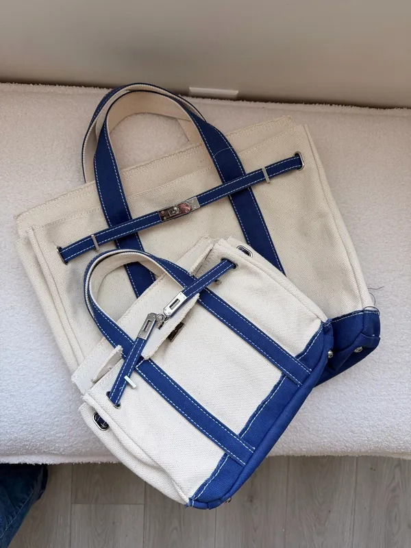 Boatkin Large & Mini Canvas Boat Tote Bag Navy Blue with Silver Belted closure - Image 6