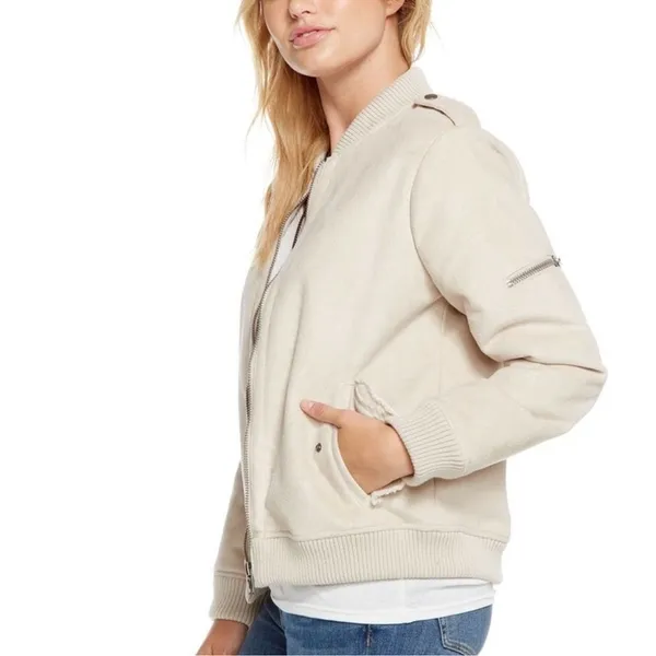 NWOT Chaser Faux Suede Faux Fur Lined Bomber Jacket Cream Size XS - Image 2