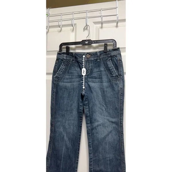 Womens Dark Wash Cropped Flare Jeans Low Rise Y2K‎ Style Denim Blue 31x25 - Image 5