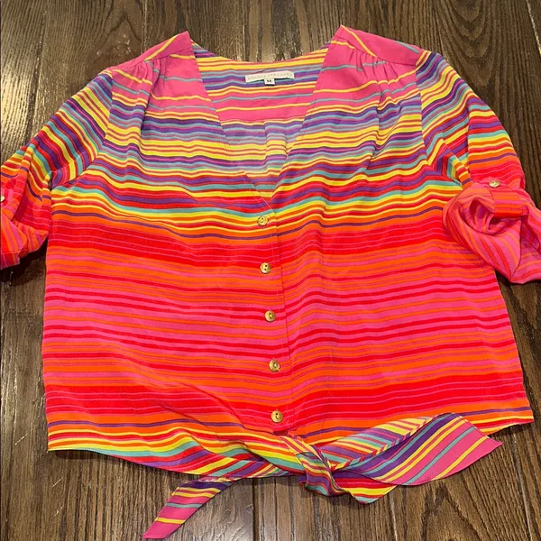 Amanda Uprichard silk Multicolor Striped V-Neck Blouse size medium - Image 2