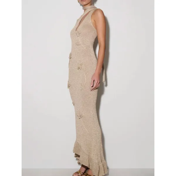 Meshki Celestino Gold Floral Metallic Knit Maxi Dress NWT Size M - Image 3