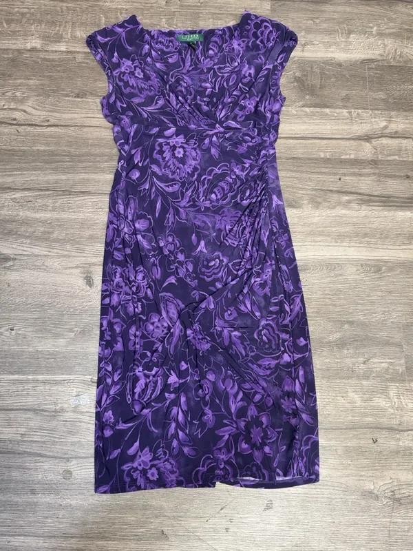 Lauren Ralph Lauren Purple Floral Faux Wrap Ruched Dress Size 4 - Image 3