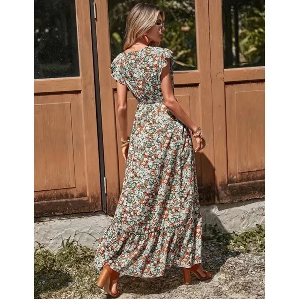 Women’s Ditsy Floral Ruffle Trim V Neck Smocked Waist Boho Maxi Dress NWT - Image 4