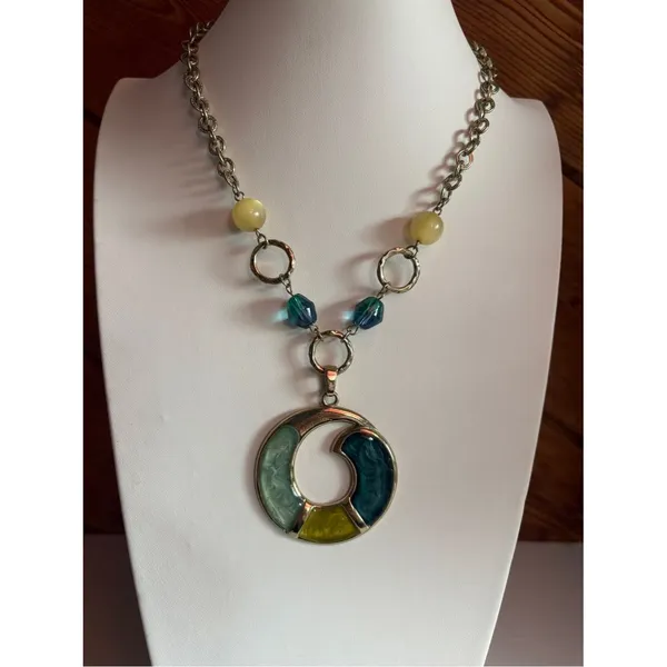 Vintage Teal, Green & Yellow Moon Pendant Necklace - Image 2