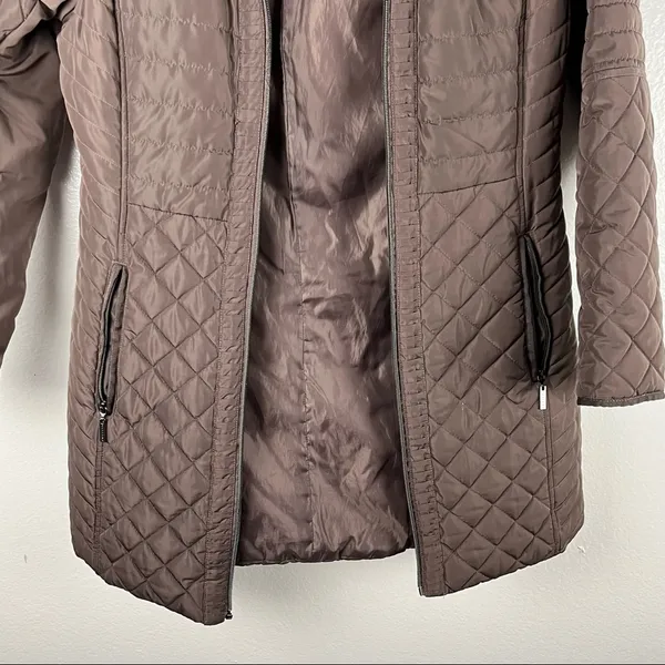 GALLERY Brown Quilted Puffer Faux Fur Zip Hoodie Zipper Lined Coat, Size. Medium - Image 11