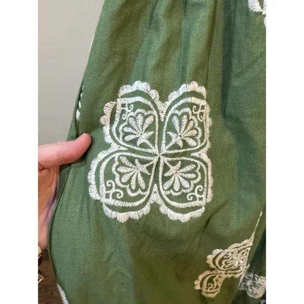 CIEBON Serbita green white Embroidered tiered peasant Dress Size Small Linen - Image 6