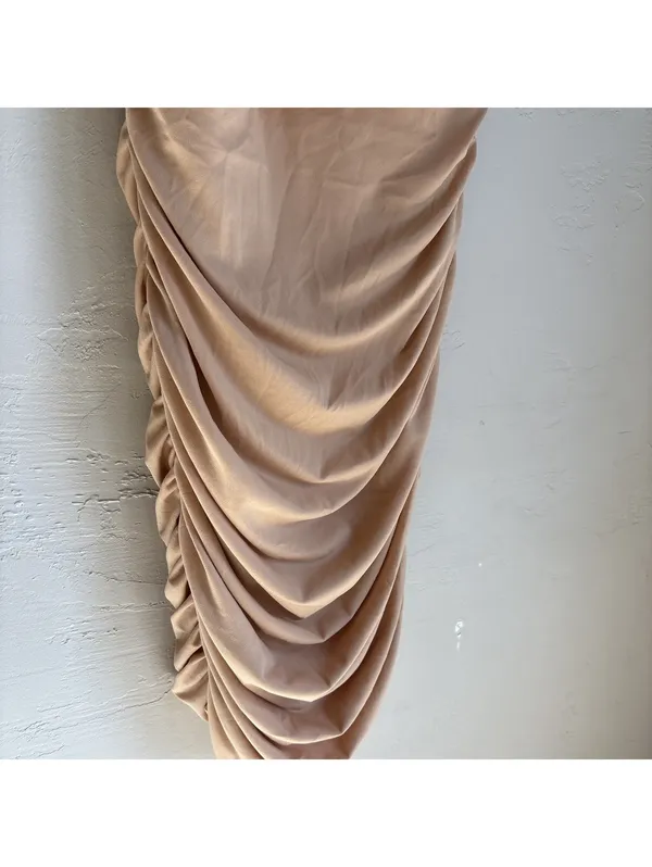 Saints + Secrets Womens US Small Nude Tan Ruched Cowl Neck Bodycon Mini Dress - Image 3