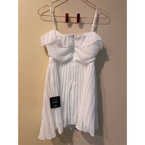 Lulus Mini Dress Women Large White DJ1682 Off Shoulder Pleated Ruffle Bridal New - Image 7