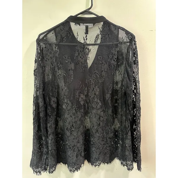 White House Black Market Black Lace Pleated Bib Blouse Top Size 10 Long Sleeve - Image 2