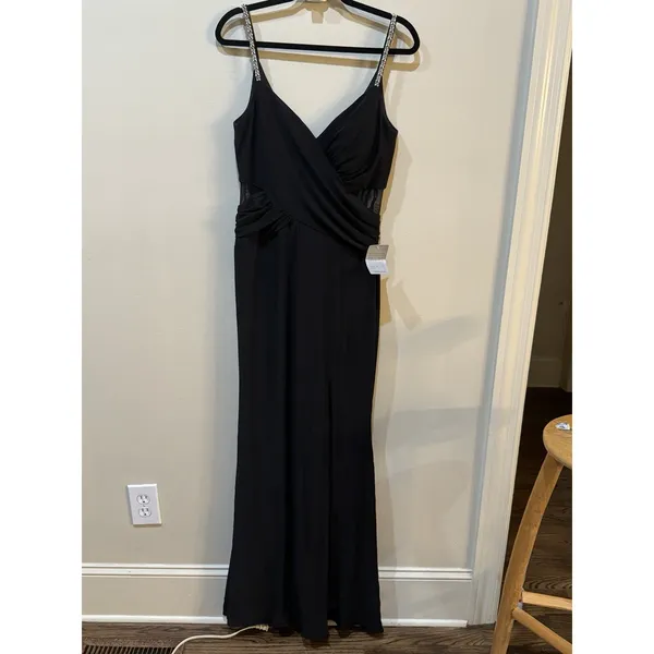 Xscape Black Beaded Straps Mesh Inset‎ Gown Size 10 $258 5298X - Image 3